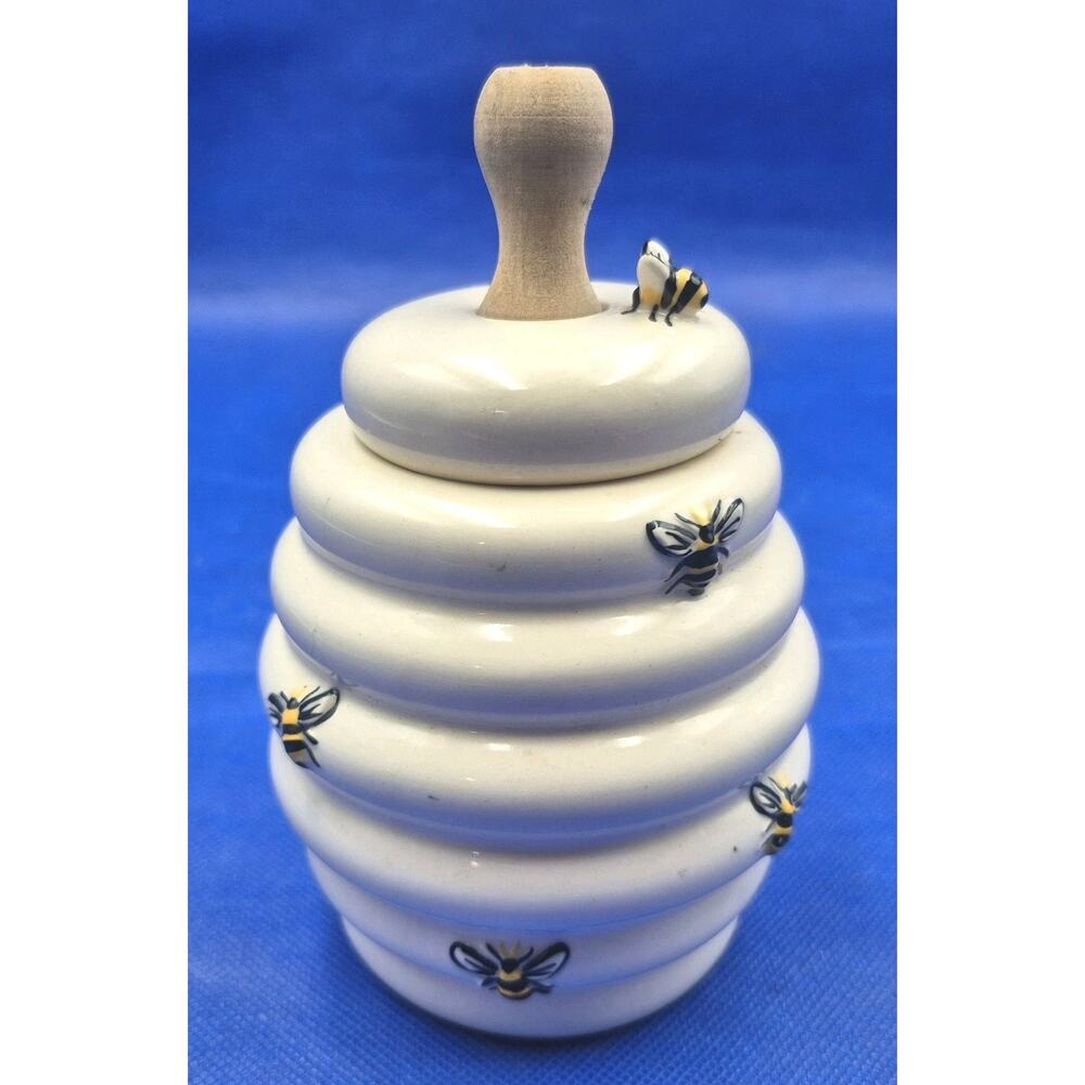 Vintage Harry & David Ceramic Honey Pot Bees Wood Spoon 6.5x4"